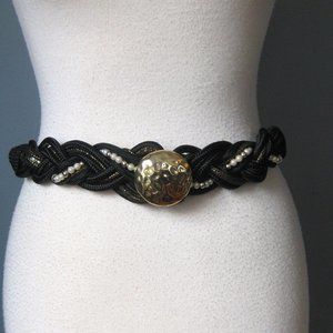 Black Macrame Belt / Vtg 80s / Black Braided with hammered gold medallion pearl